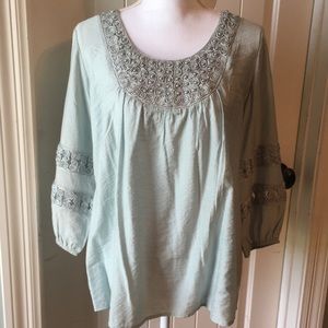 ✨Gorgeous Woven Pearl Neck Blue Green Blouse M